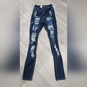 Fashion Nova High Rise Distressed Dark Blue Jeans 0 24